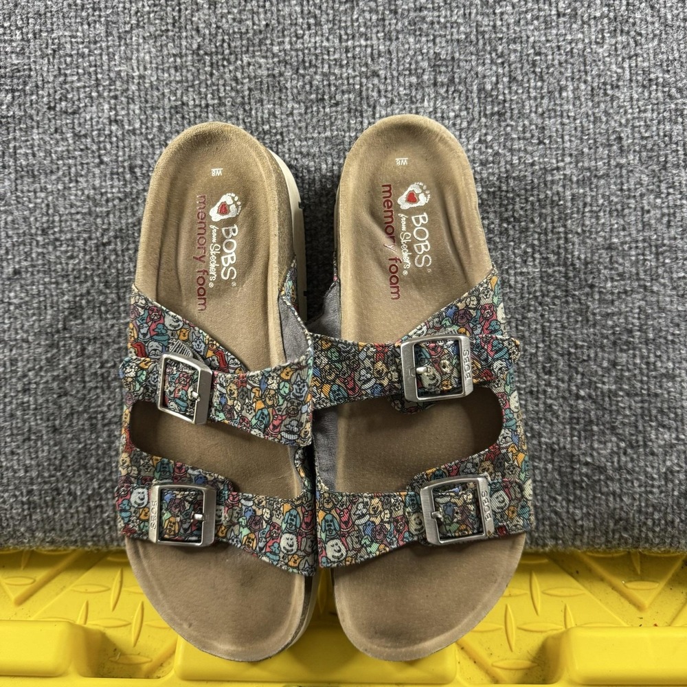 BOBS From Skechers Slide Sandals Womens Size 8 Cat Print Buckle Memory Foam